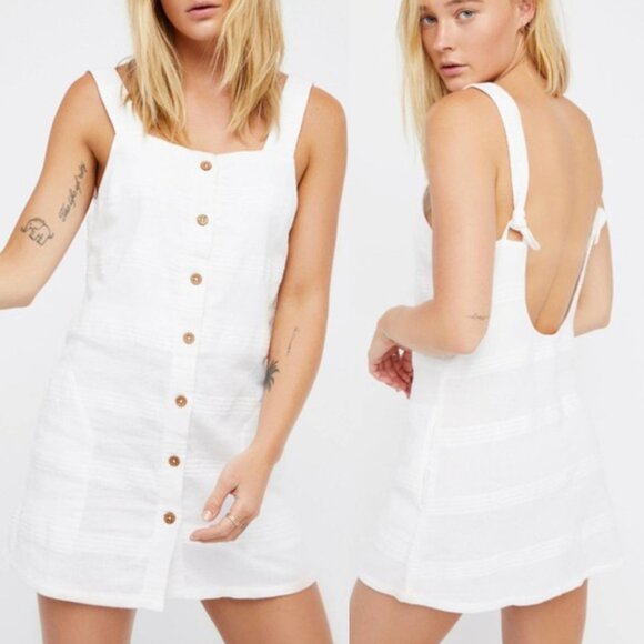 Free People Dresses & Skirts - FREE PEOPLE Keep It Simple Mini Dress White Button Low Back Cotton Linen Summer